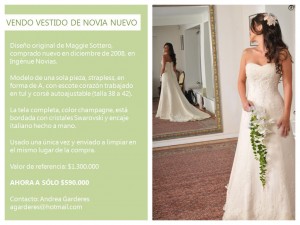 Andrea Garderes Novios y novias en Vitacura |  VENDO VESTIDO DE NOVIA MAGGIE SOTTERO, COMO NUEVO, Comprado nuevo en Ingénue Novias en diciembre de 2008 y limpiado ahi mismo.